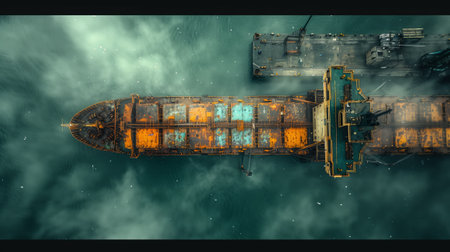 an aerial view of a large ship in the oceanの素材