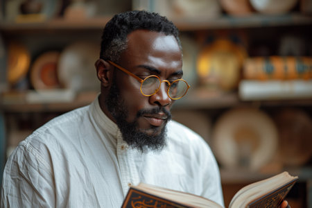 A man with facial hair is reading a publication in a library buildingの素材