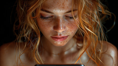 A woman with red hair and freckles is gazing at her mobile phoneの素材