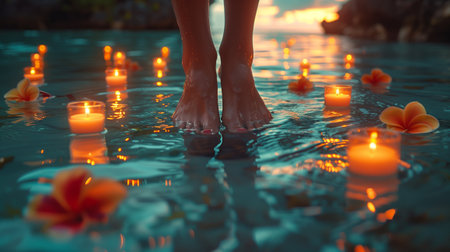 a woman s feet are standing in the water surrounded by candles and flowersの素材
