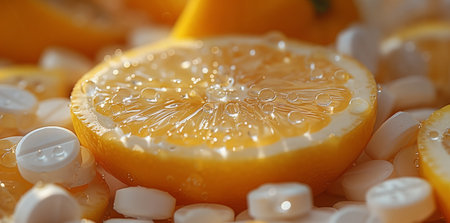 A slice of orange resting on pills, contrasting food and medicineの素材