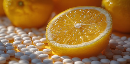A lemon slice rests on a cluster of pills, a bitter orange fruit on medicationの素材