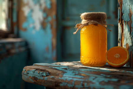 A Mason jar of orange liquid sits next to a fruit on a wooden tableの素材