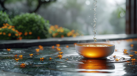 water is pouring into a cup of tea on a tableの素材