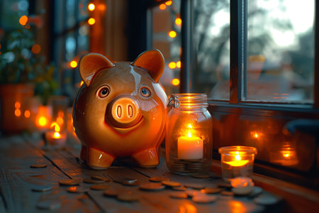 A wooden table with candles, coins, and a piggy bank by the windowの素材