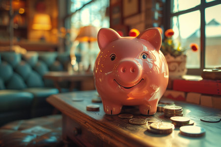 Domestic pig piggy bank on wooden table with coins, saving for an eventの素材