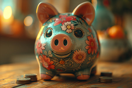 Toy piggy bank on table with coins beside. Wooden surfaceの素材