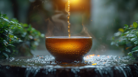 Liquid from a teacup flows into a fountain, mixing with waterの素材