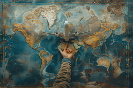 Person holding model airplane in front of world map, blending art and geographyの素材