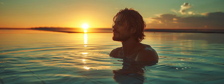 Woman standing in liquid horizon with colorful sky at sunset in oceanの素材