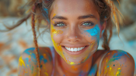 A woman with paint on her cheeks is smiling happily at the cameraの素材