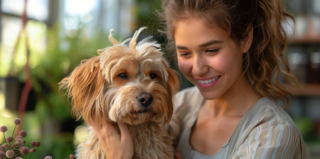 A woman cuddles a toy dog in her arms, both smilingの素材