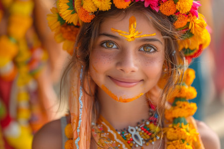 Devali holiday, indian girl face with paint on it, is wearing a crown of flowers on her head and smilingの素材