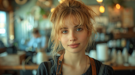 a woman with blonde hair and bangs is standing in a restaurant and looking at the cameraの素材