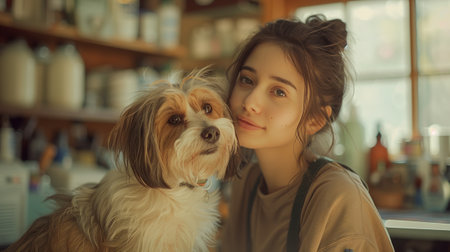 A woman is smiling next to a fawncolored companion dog with floppy earsの素材