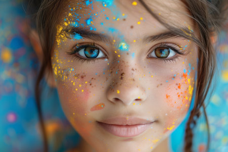 Devali holiday,Close up of young girl with paint on cheek and eyebrow, smilingの素材