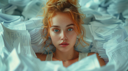 A woman is surrounded by papers, her eye and jaw visibleの素材