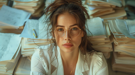 a woman wearing glasses is sitting in front of a pile of papersの素材
