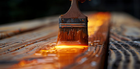 Using a brush, a person paints wood with amber liquidの素材