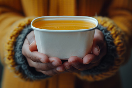 a person is holding a cup of tea in their handsの素材