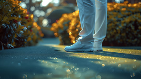 A pedestrian with white shoes stands on asphalt sidewalk enjoying the landscapeの素材