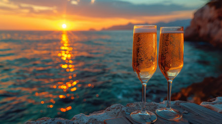 Two stemware glasses of champagne on wooden table by ocean at sunsetの素材