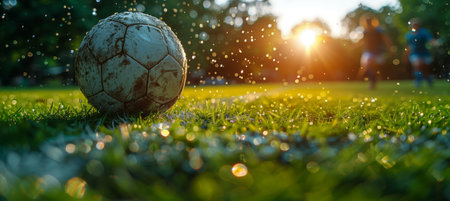 Football on a vibrant green field, surrounded by happy people in natureの素材