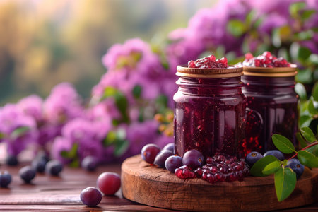 Two jars of berry jam on a flowerthemed cutting boardの素材