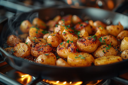 Potatoes cooking in skillet on stove for Batata harra dishの素材