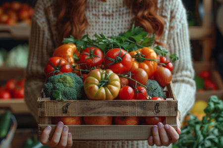 Woman carries crate of natural foods vegetables fruitsの素材