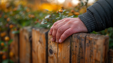 Persons finger touches wooden fence in natural landscapeの素材