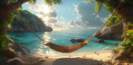Hammock sways under tree on beach by ocean, natural landscapeの素材