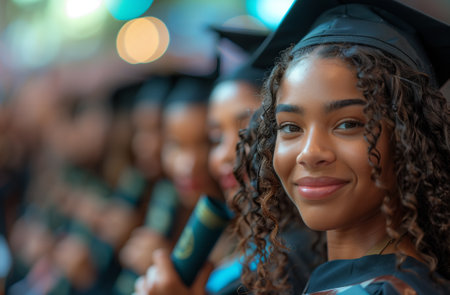 A woman with black hair and dreadlocks is smiling in a graduation cap and gownの素材