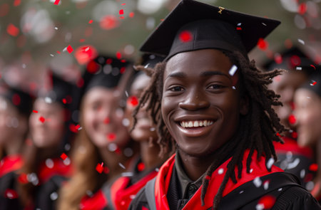 Man in cap and gown smiles at crowd of graduates, happy expressions all aroundの素材
