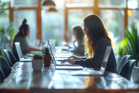 A woman is sitting at a desk, engrossed in her laptopの素材