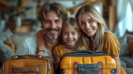 Happy family sharing a fun travel moment with luggage, smiling for a pictureの素材
