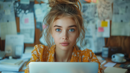 a woman is sitting at a desk using a laptop computerの素材