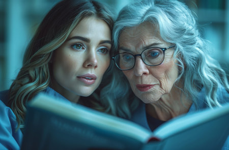 Two women with glasses reading a book, enjoying a fun moment togetherの素材