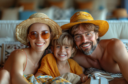 Happy family sharing a leisurely moment on a couch, smiling for a photographの素材