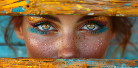 a close up of a woman s face behind a wooden fenceの素材