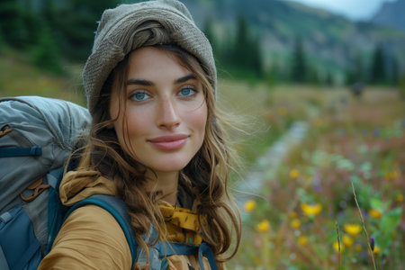 A woman with a backpack, smiling, stands in a flower fieldの素材