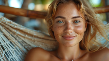 Woman in hammock with surfer hair smiles at camera, happy and relaxedの素材