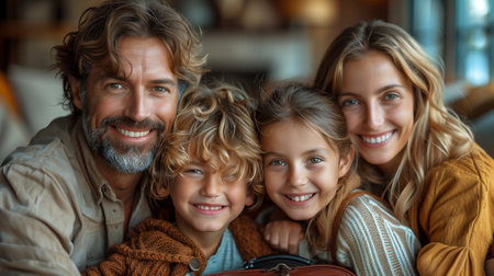 Happy family sharing a smile while posing on couch for a pictureの素材