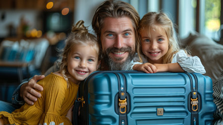 a man and two little girls are sitting next to a blue suitcaseの素材