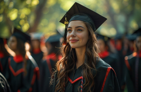 A scholar in academic dress and mortarboard smiles at the crowd of graduatesの素材