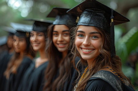 A row of female scholars in academic dress smiling for the cameraの素材