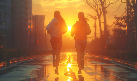 Two silhouettes running under colorful skies at duskの素材