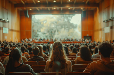Crowd in auditorium watching entertainment at public eventの素材