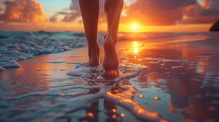 A woman strolls barefoot on the beach, under a sunset skyの素材
