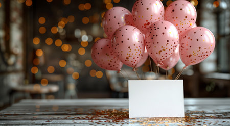 A cluster of pink balloons rests by a card on the tableの素材